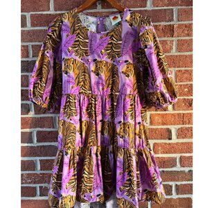 Farm Rio Purple Tiger Print Tiered Mini Dress M
